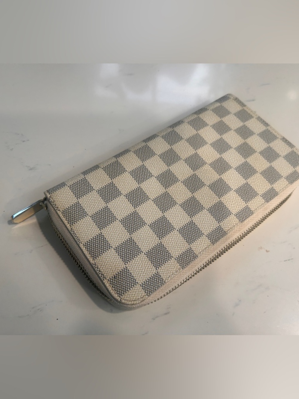 Cream and Light Gray Checkered Zip Wallet